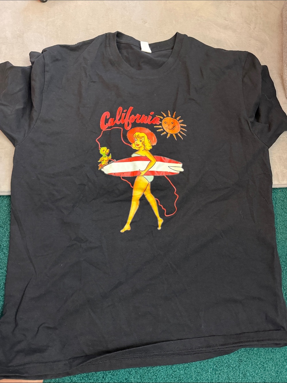 Voodoo Vixen Black Tee with Yellow & Red California Surf Graphic